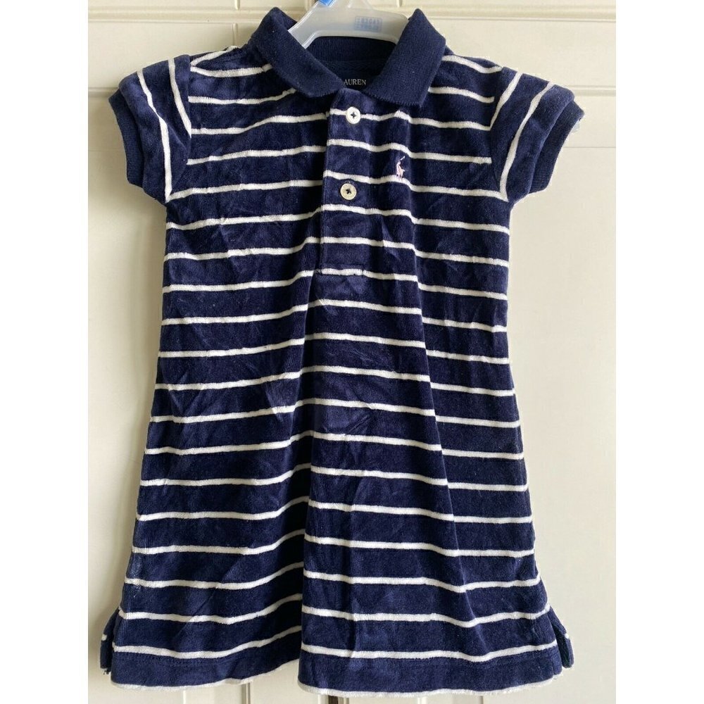 Ralph‎ Lauren 12 Month Baby Girl Navy Blue Velour Striped Short Sleeve Dress - Picture 2 of 6